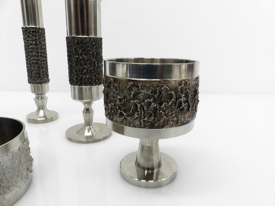 Image 1 of Set of 5 Brutalist steel vases and bowls 1970