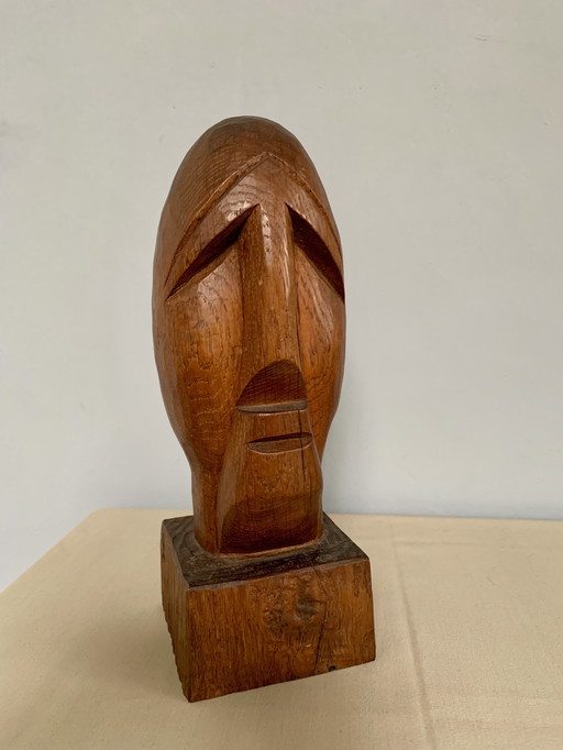 Brutalist Houtsnijwerk Kop Buste Sculptuur Eiken Hout Jaren 70