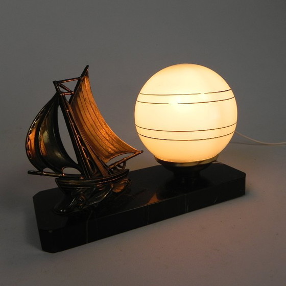 Art Deco desk lamp with sailboat and globe on marble base, 1930s – Table lamps, Metal, Vintage (photo 12 of 15)