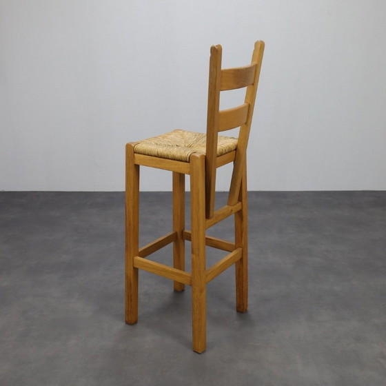 Image 1 of Set of 4 Bar Stools in Solid Oak and Rattan, 1970s