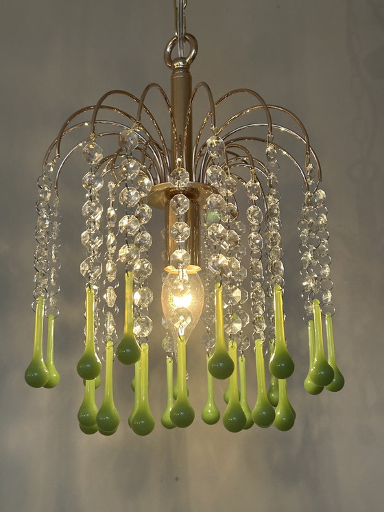 Image 1 of 5 Pieces Vintage Opaline Green Crystal Teardrop Chandeliers