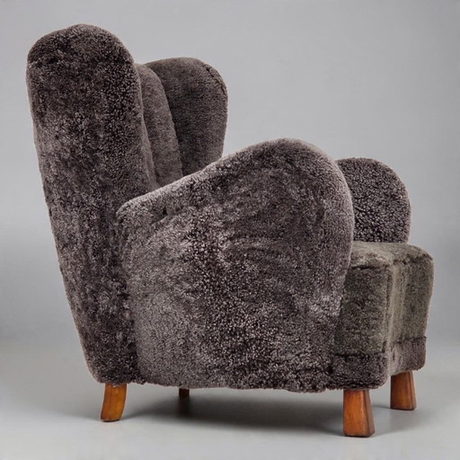 1960er, dänisches Design, neu gepolsterter Sessel, echtes Schaffell.