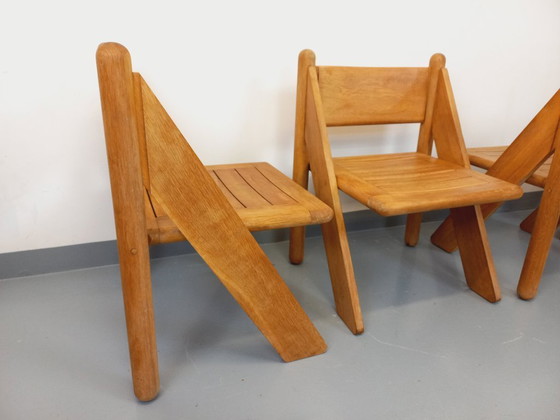 Image 1 of Exceptional suite of a large rectangular table and 4 vintage Brutalist chairs in solid oak from the 60s