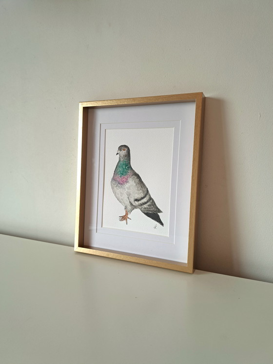 Image 1 of Watercolor painting of a dove | Gold-colored frame