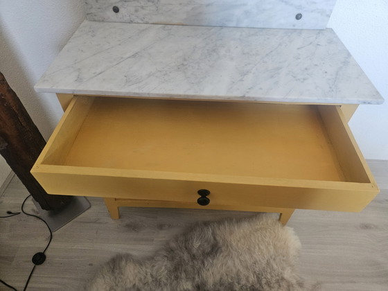 Image 1 of Vintage ochre yellow sideboard with marble top and mirror