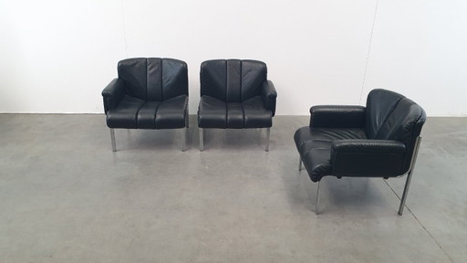 3x Girsberger-Leder-Eurochairs, Hans Eichenberger modulare Vintage-70er-Lounge