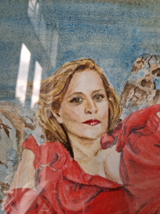 Image 1 of Femme allongée en robe aquarelle portrait sensuel 91 x 71