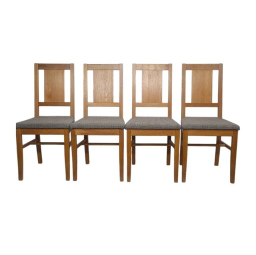 Set of 4 Brutalist chairs in oak and checkered fabric, Denmark, 1960s