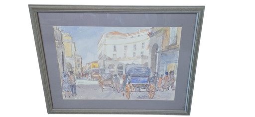 Original Watercolor by Alfredo Beatrice - Historical View of Caserta/Naples