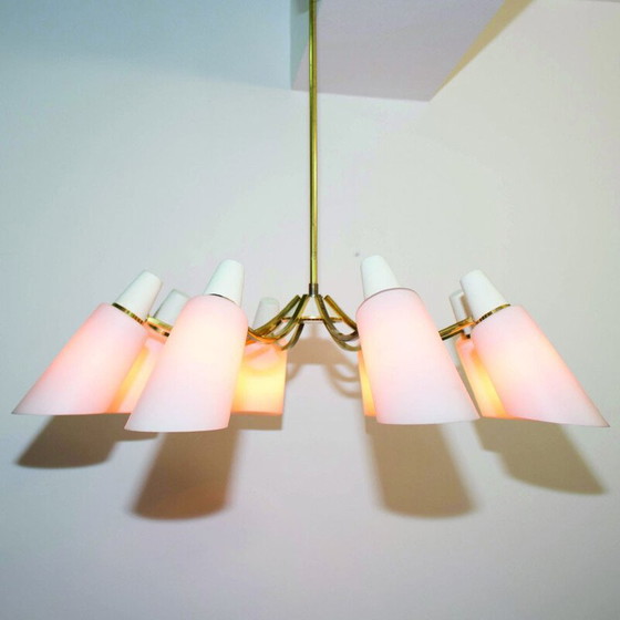 Image 1 of Vintage Sputnik chandelier with 8 opaline shades by Stilnovo Style, Italy 1950