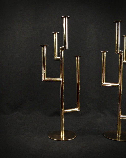 Pair of Karl Hagenauer Wiener Werkstätte gilt brass candelabras 1930