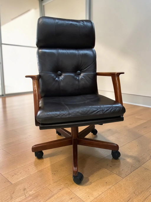 Vintage Mid Century Draaistoel uit Noorwegen – Leer & Teak | Jaren 60/70 | Scandinavisch Modern Scandinavisch Design Bureaustoel