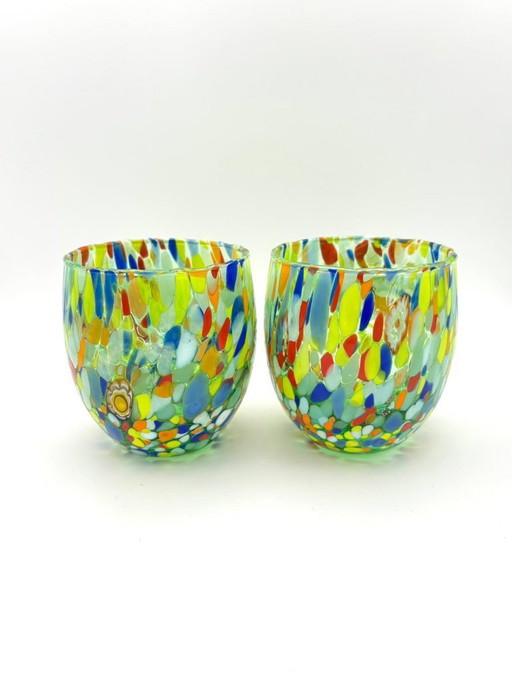Set di 6 bicchieri in vetro soffiato veneziano con murrine Effetre Murano fuse nel vetro, hand made in italy.