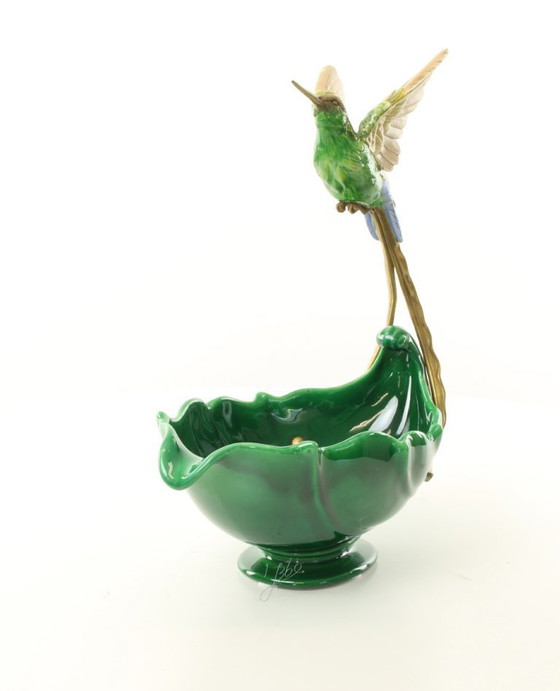 Image 1 of HUMMINGBIRD PLANTER JASMINE PORCELAIN + BRONZE ORMOLU BIRD BOWL SCULPTURE