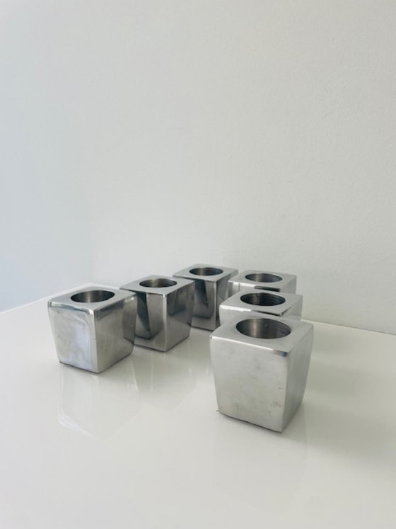 Image 1 of Ensemble de 6 porte-bougies chauffe-plat géométriques en acier inoxydable – motif cubiste