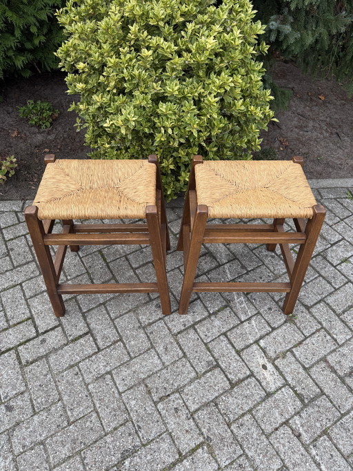 Houten barkrukken set riet vintage