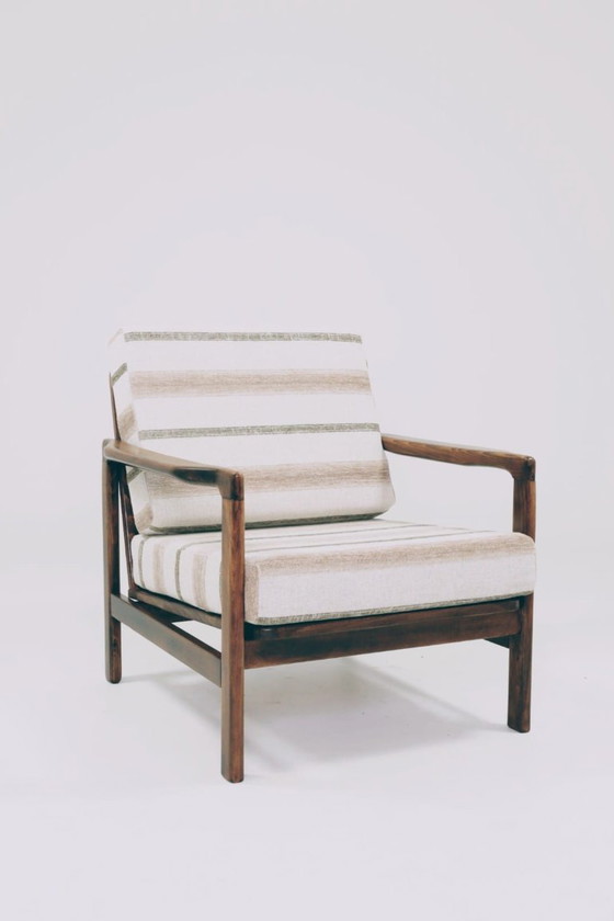 Image 1 of Vintage fauteuil met kussens gestreept natuurlijke stijl stof, Mid Century Design