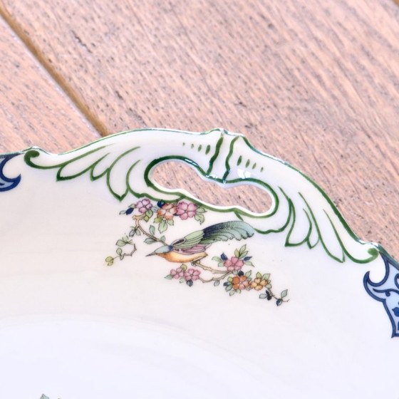 Image 1 of Vintage porseleinen servies uit de jaren 30, versierd met vogels, vlinders en een haan