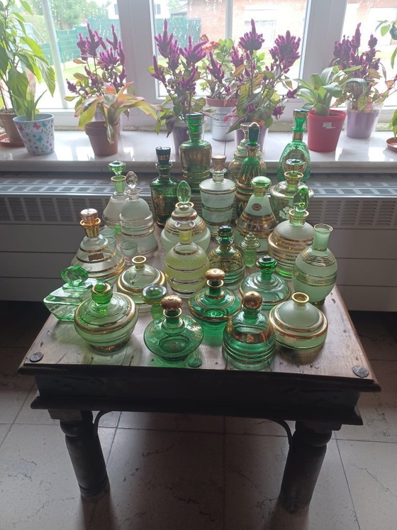 Image 1 of Huge vintage green gold glass collection, 50s Booms glass decanters and vanity jars lot De Rupel