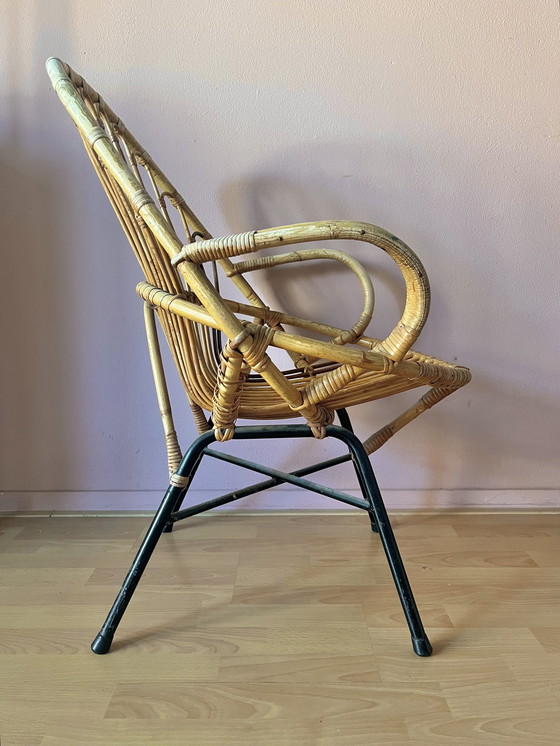Image 1 of Vintage Bamboo Lounge Chair Rattan With Matching Stool Table Rohe Noordwolde Bamboo 1950
