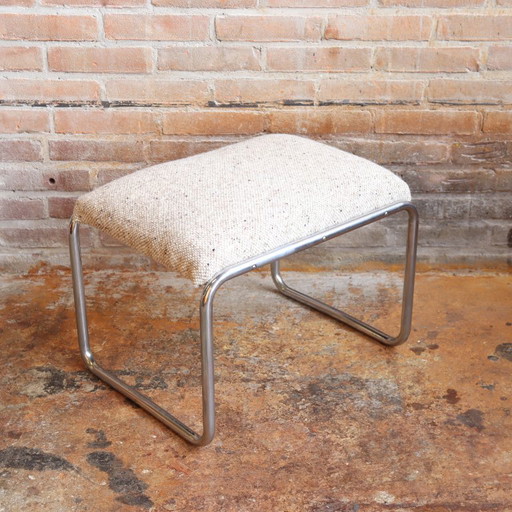 ottoman vintage Mid Century tissu chromé blanc