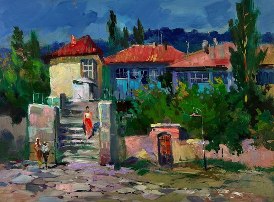 Image 1 of Original Oil Painting Summer House Landscape Old city building with stairs