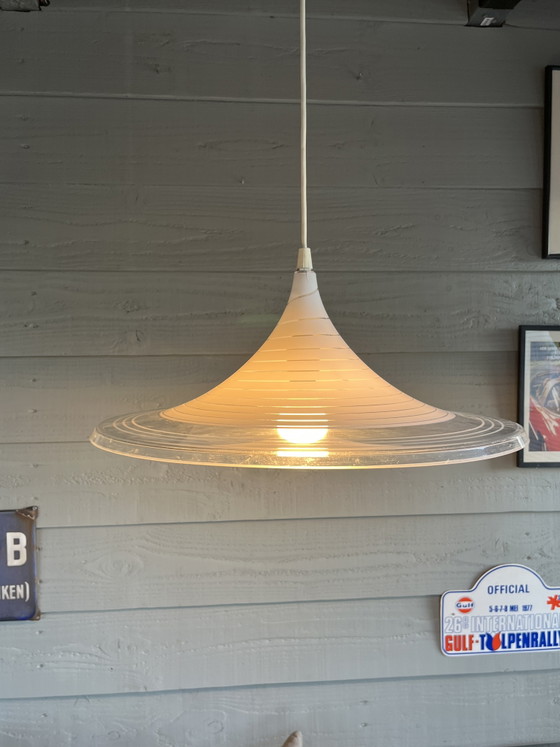Vintage Meblo witch hat or trumpet swirl deco hanging lamp – Pendant lamps, Plastic (photo 7 of 11)