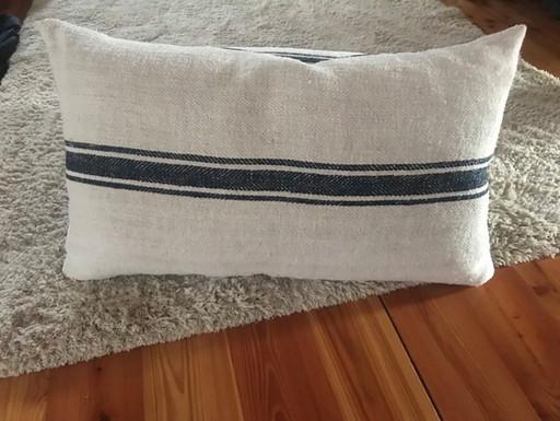 Coussins Mid-Century en Sac de Grain Hongrois & Lin avec Rayure Marine, Lot de 2