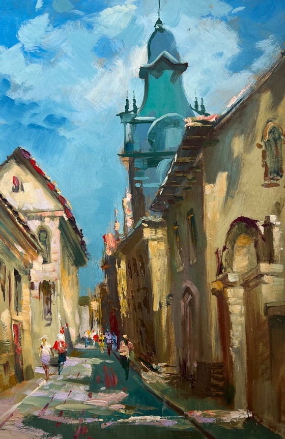 Image 1 of Dipinto ad olio originale, paesaggio urbano diurno. Persone che camminano per strada.