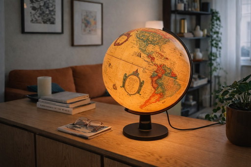 Vintage verlichte globe, gemaakt in Denemarken.