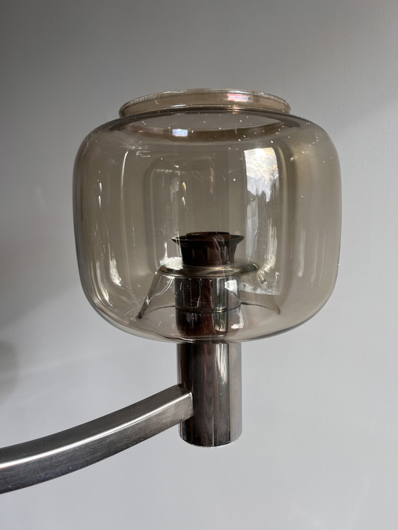 Image 1 of Lampadario di design italiano di Gaetano Sciolari in vetro fumé e cromo 1970