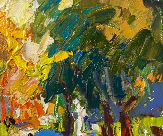 Image 1 of Peinture à l'huile originale représentant un paysage d'arbres d'été dans une allée du parc