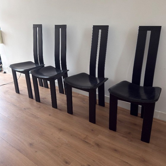 Image 1 of Set van vier volledig zwarte eetkamerstoelen met hoge rugleuning in de stijl van Pietro Constantini, jaren 70, Italië
