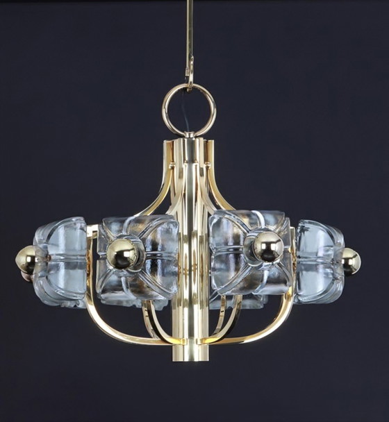 Image 1 of Sische Simon & Schelle chandelier, 8-light, brass, crystal glass, floral design, 1970s