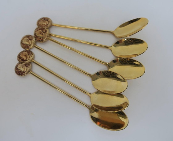 Image 1 of Set Of Six Golden Coffee Spoons. Vintage 1970