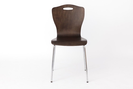 Een paar vintage multiplex eetkamerstoelen, Duits design uit de jaren 80, metalen poten, mid-century modern (photo 8 of 11)