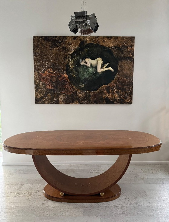 Image 1 of Stunning Art deco dining table in walnut root with mother of pearl