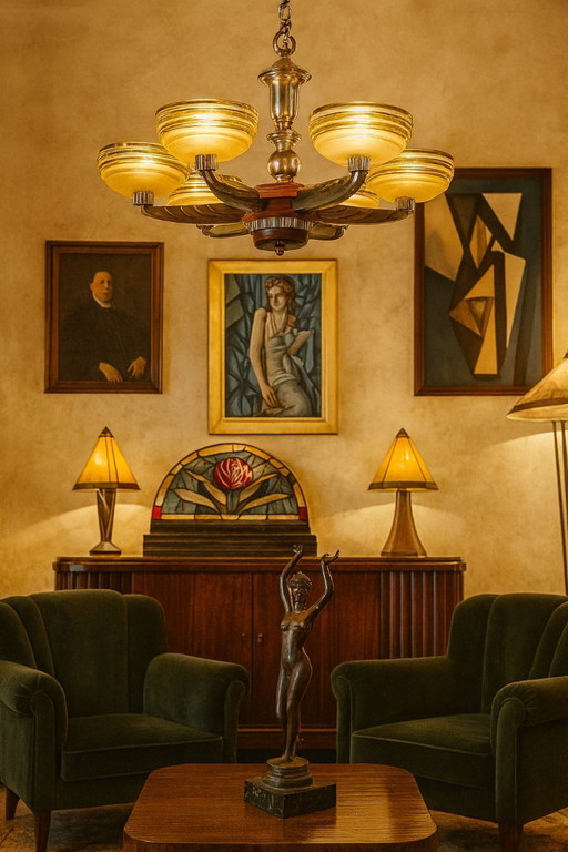 Lustre Art Déco Petitot – 5 feux – Bois, métal et verre ambré 1920