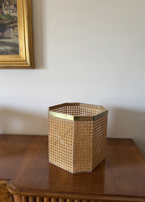 Hollywood Regency Plexiglass and Straw Wastepaper Basket, Christian Dior France ca. 1980