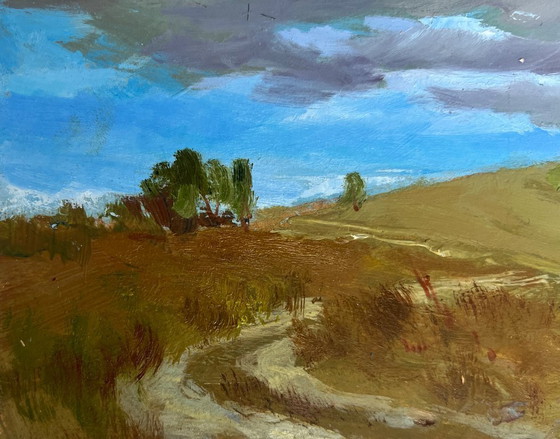 Image 1 of Dipinto ad olio originale: Paesaggio estivo con campo coperto da nuvole grigie