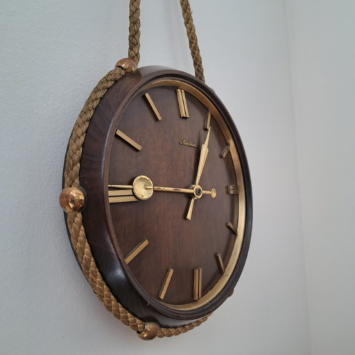Vintage Mauthe Wanduhr – Holz, Messing & Seil – Mid-Century – klokken, Brass, Other