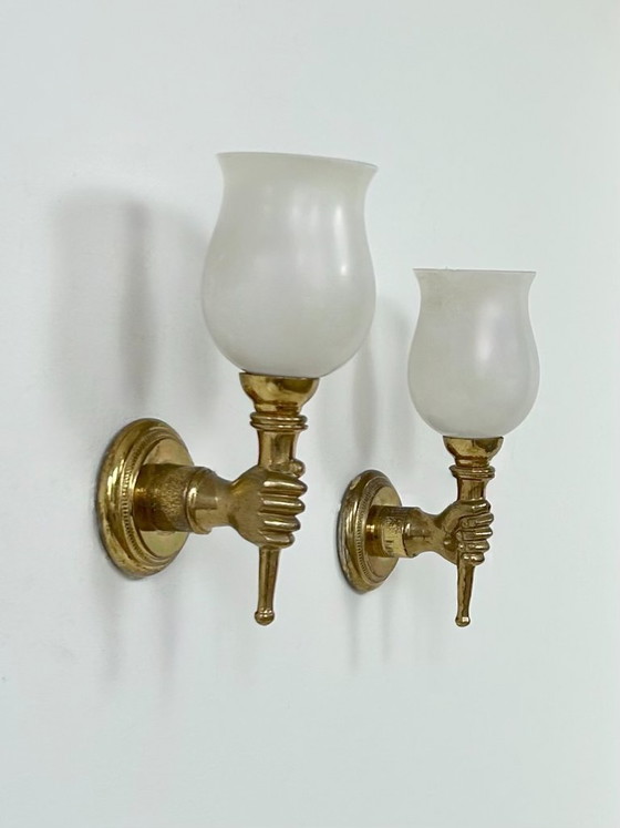 Image 1 of Pair of vintage wall lights, Maison Jansen, patinated solid brass and opaline glass, France, 1960