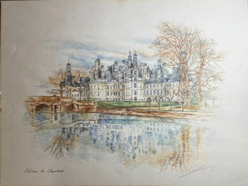 Mixed media, pencil, watercolor, Chambord Castle, art, France, painting, framed