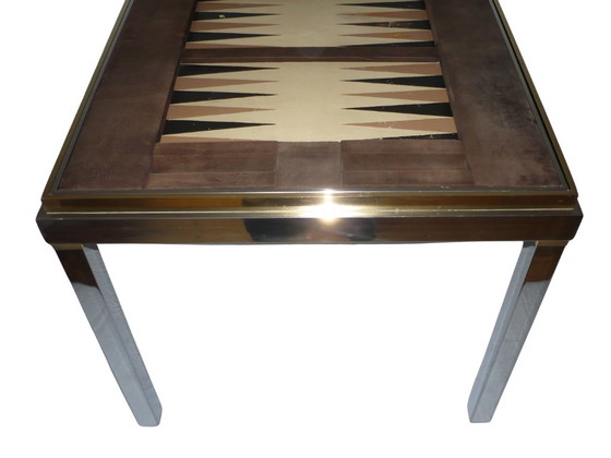 Willy Rizzo Backgammon Spieltisch, Beistelltische, Metall, Leder, Silber, Art Deco (Foto 7 von 12)