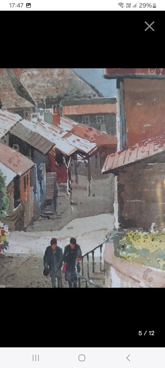 Image 1 of Original watercolor by Allain Renoux - Picturesque village scene of great architectural finesse