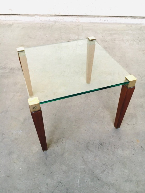 Image 1 of Tavolino laterale in ottone, legno e vetro dal design modernista di Peter Ghyczy, anni '80
