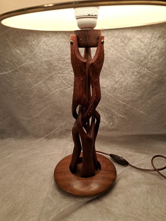 Image 1 of Mid-century hand-carved Scandinavian teak table lamp