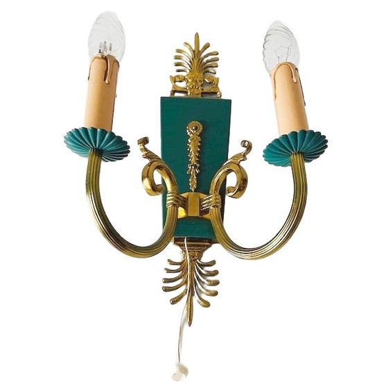 Image 1 of Lampada da parete vintage in stile impero di metà secolo Lucien Gau, in ottone barocco verde, anni '60