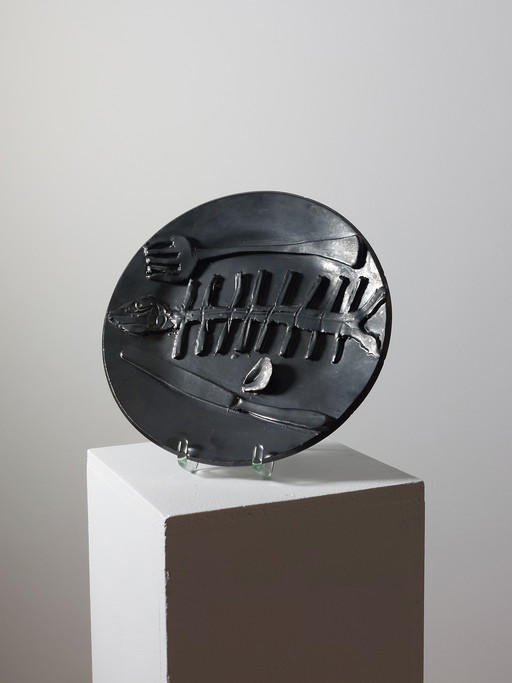 Brutalist Mid Century Vanitas Ceramic Plate with Silver Oxide Glaze