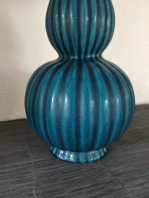 Hoge vintage tafellamp met octagonaal gevormde kap. Hoogte 90 cm – tafellampen, Ceramic, Textile (photo 2 of 10)
